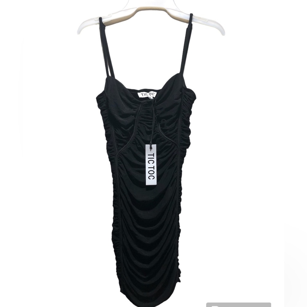 Tic Toc LBJ Black Ruched Fitted Thin Spaghetti Strap Dress NWT Size Small